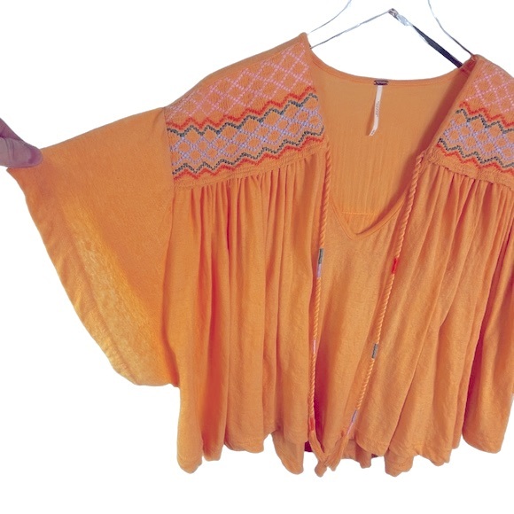 Free People Market Embroidered V-Neck Top in Carrot Ginger Orange Cotton Blend - Picture 6 of 16